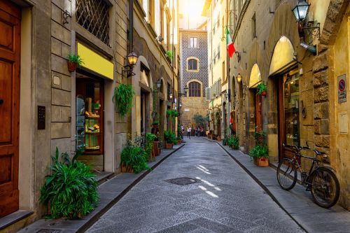 Narrow cobblestone street in Florence lined with shops, plants, and a bicycle.