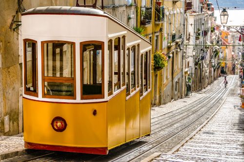 A yellow funicular in Lisbon