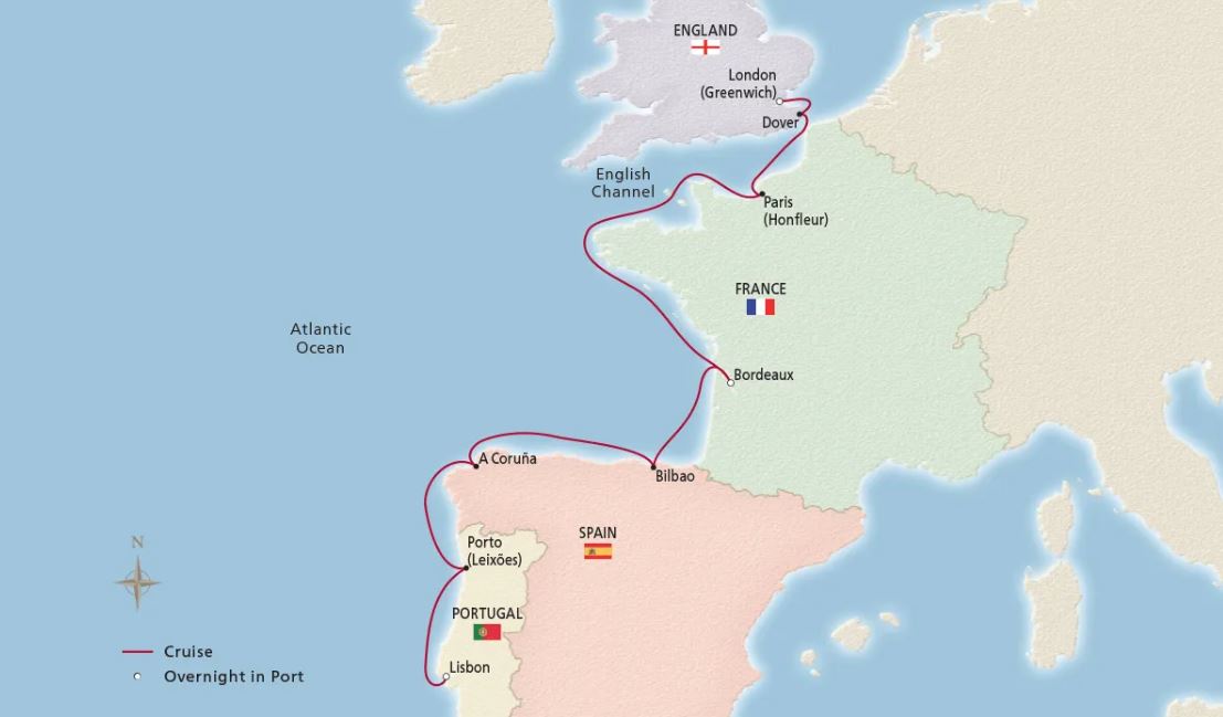 A map of Portugal, Spain, France and England showing stops along the way of a cruise itinerary