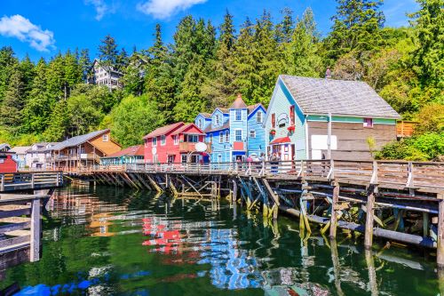 Coloured stilt houses with bright green pine trees lined up behind them