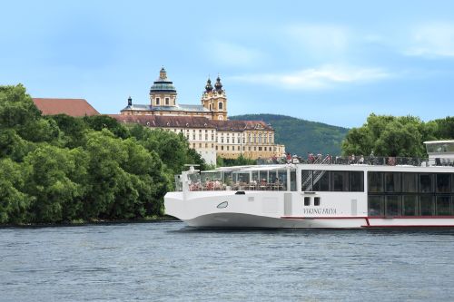 A viking ship on the river in Melk, Austria