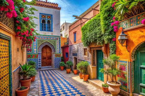 Bright coloured tiles down an alley surrounded by bright pink flowers leading to a coloured door way