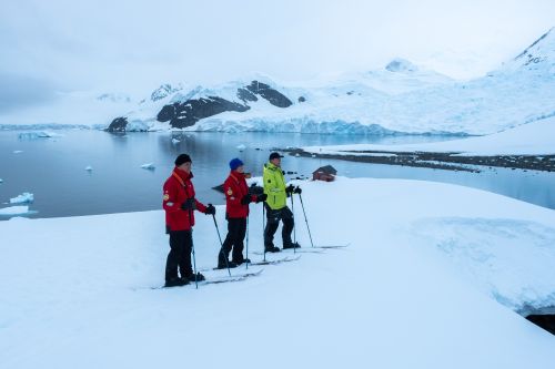 Three people in winter gear standing on snow with ski poles, overlooking a frozen landscape and calm water.