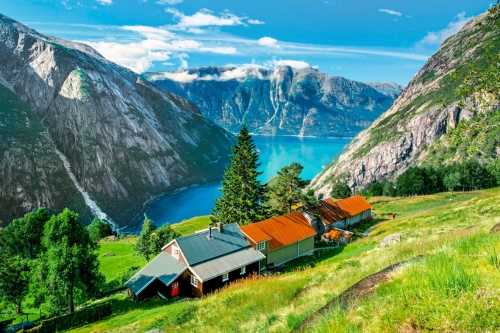 A house built on a slope in the middle of nature overlooking a beautiful fjord