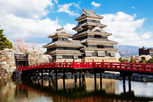 A wooden red bridge leading to a beautiful Japanese temple with intricate architecture.
