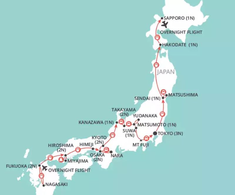 Map of Japan indicating all stops along this itinerary 