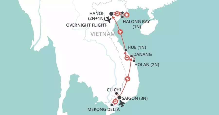 Map of Vietnam indicating all stops along this itinerary 