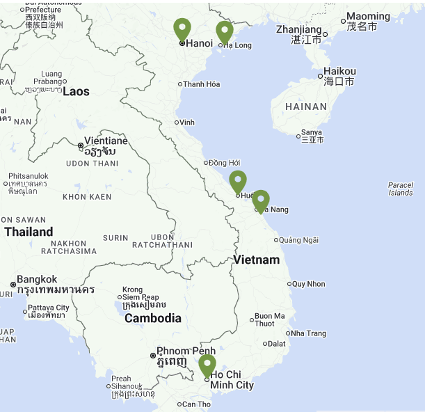 Map of Vietnam indicating all stops along this itinerary. 