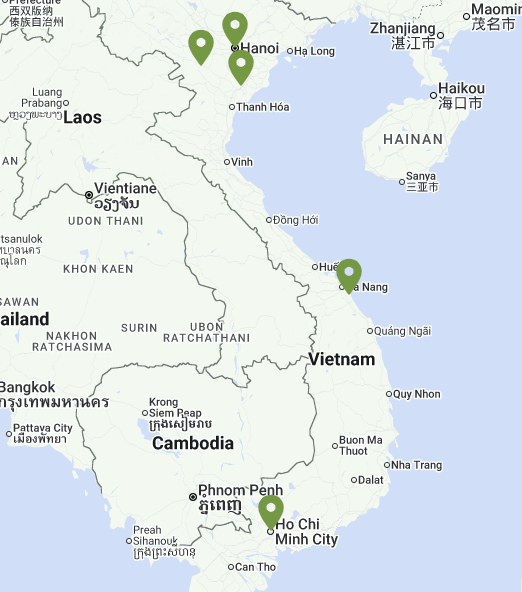 Map of Vietnam indicating all stops along this itinerary. 