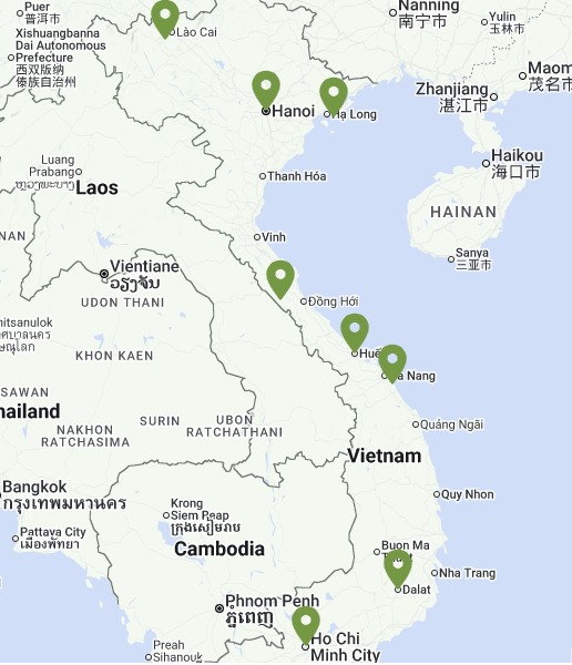 Map of Vietnam indicating all stops along this itinerary. 