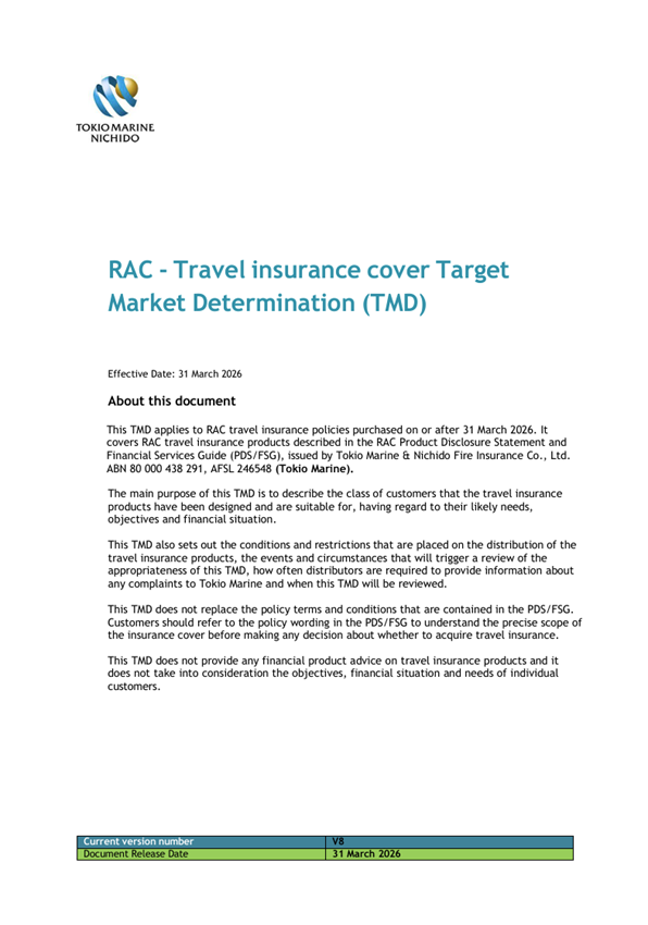 Front cover of the Travel Insurance TMDs