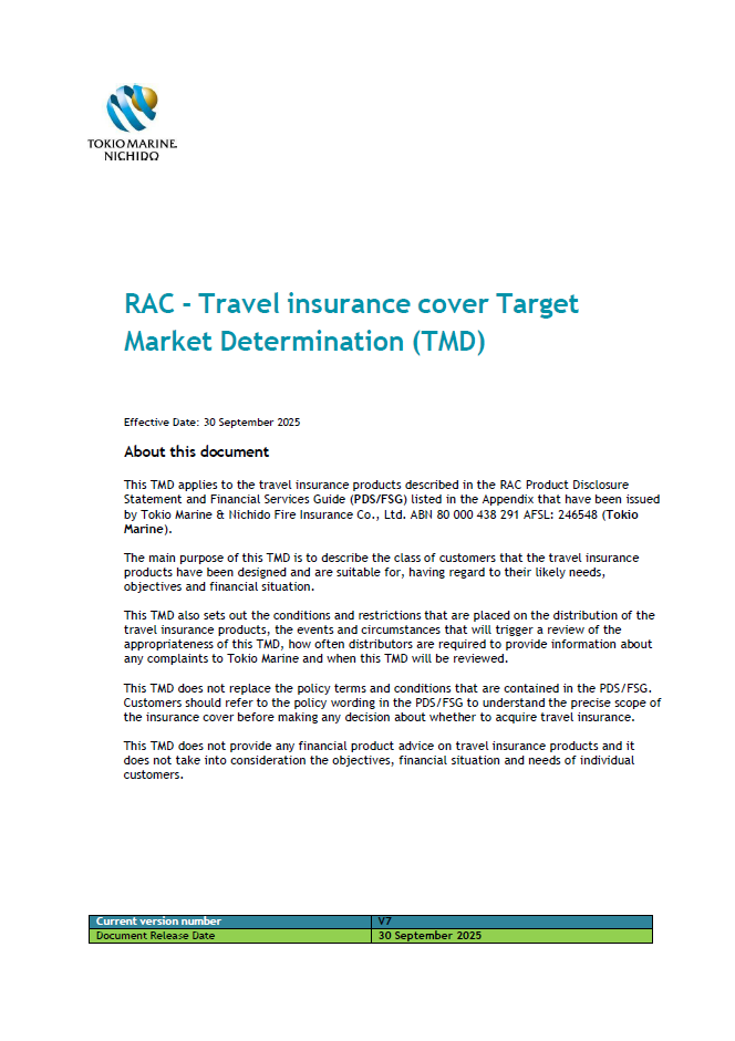 Front cover of the Travel Insurance TMDs